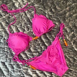 Pink two piece bikini with beads on straps